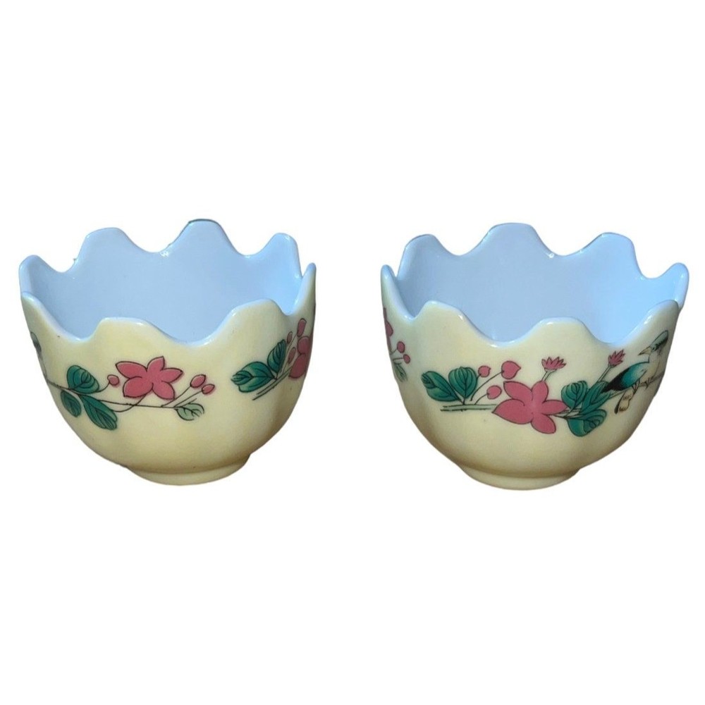 Vintage saki Asian flower bird design porcelain egg cups pair 2-1/"